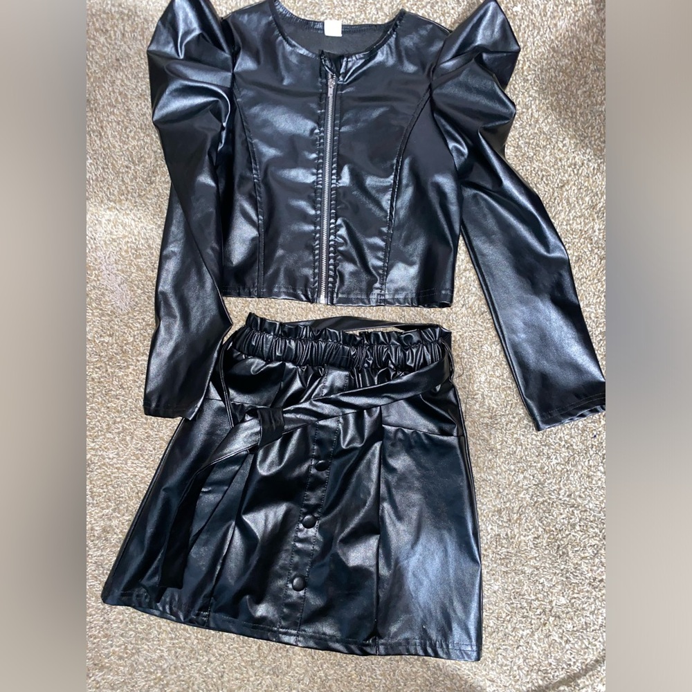 (Kids) Leather jacket skirt set